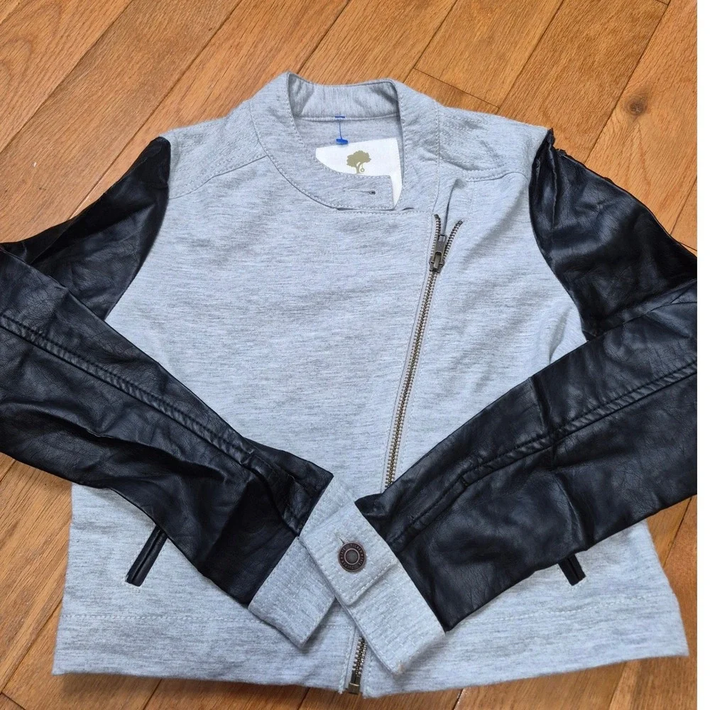 Tucker + Tate Kids Moto Jacket Ash Heather Grey Black Faux Leather L 10/12 NEW